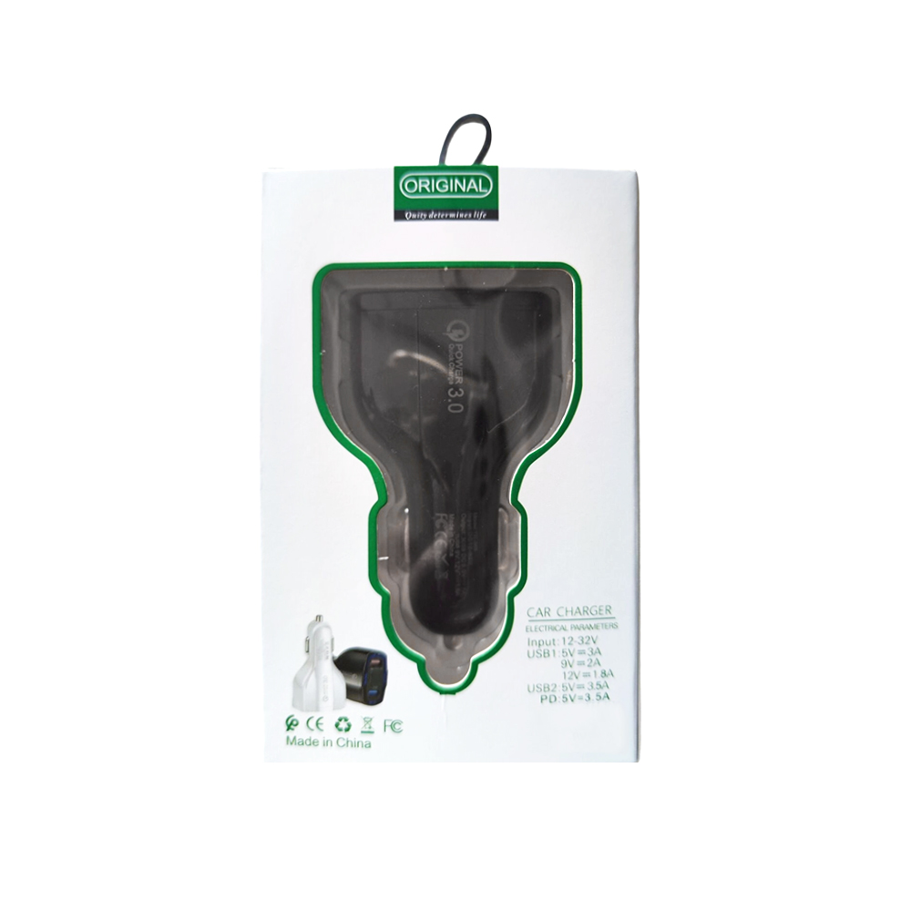 Black QC3.0 Dual USB + PD Car Charger Type-C 48W Car Charger Cigarette Lighter Charger Adapter