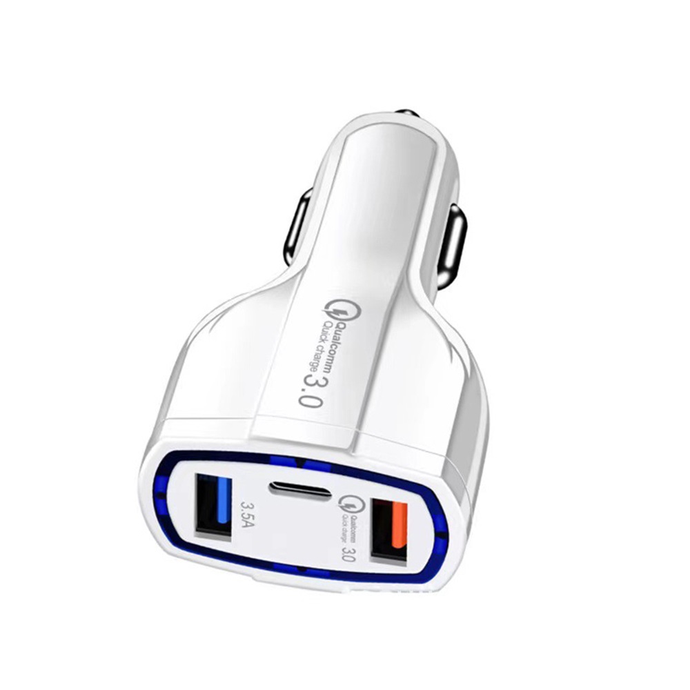 White QC3.0 Dual USB + PD Car Charger Type-C 48W Car Charger Cigarette Lighter Charger Adapter