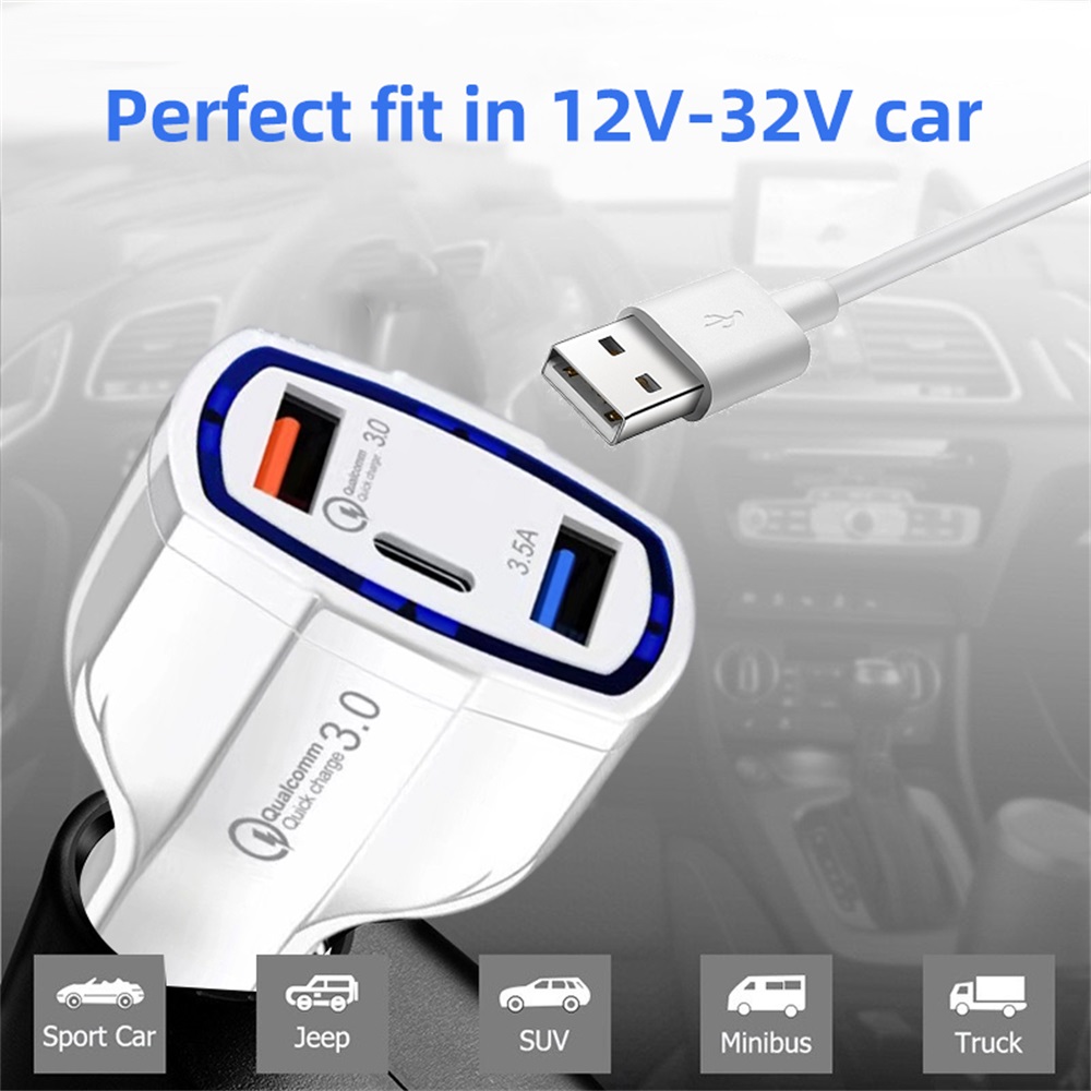 White QC3.0 Dual USB + PD Car Charger Type-C 48W Car Charger Cigarette Lighter Charger Adapter