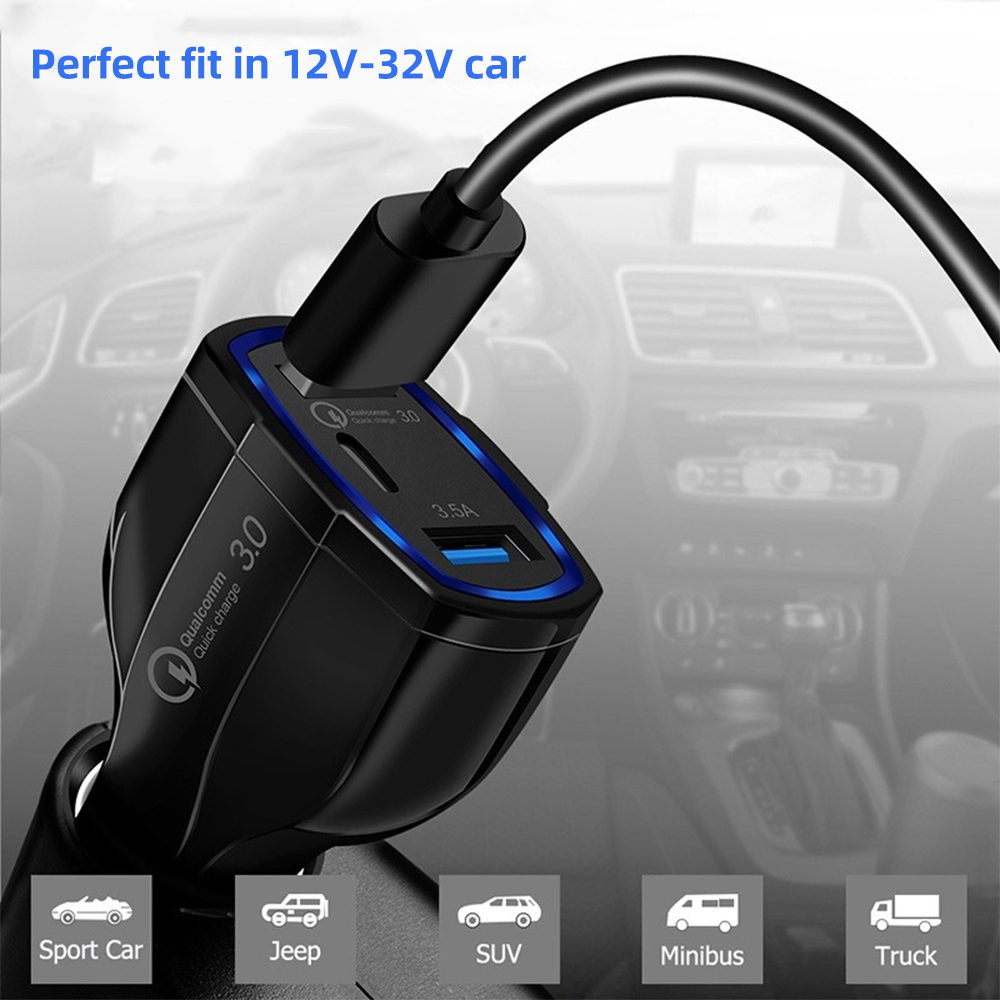 Black QC3.0 Dual USB + PD Car Charger Type-C 48W Car Charger Cigarette Lighter Charger Adapter