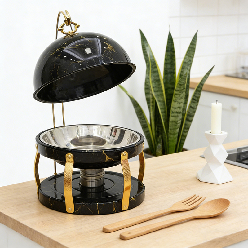 8L Buffet Banquet Chafing Dish with Lid Black Marble Print Design Buffet Food Warmers