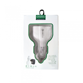 White QC3.0 Dual USB + PD Car Charger Type-C 48W Car Charger Cigarette Lighter Charger Adapter