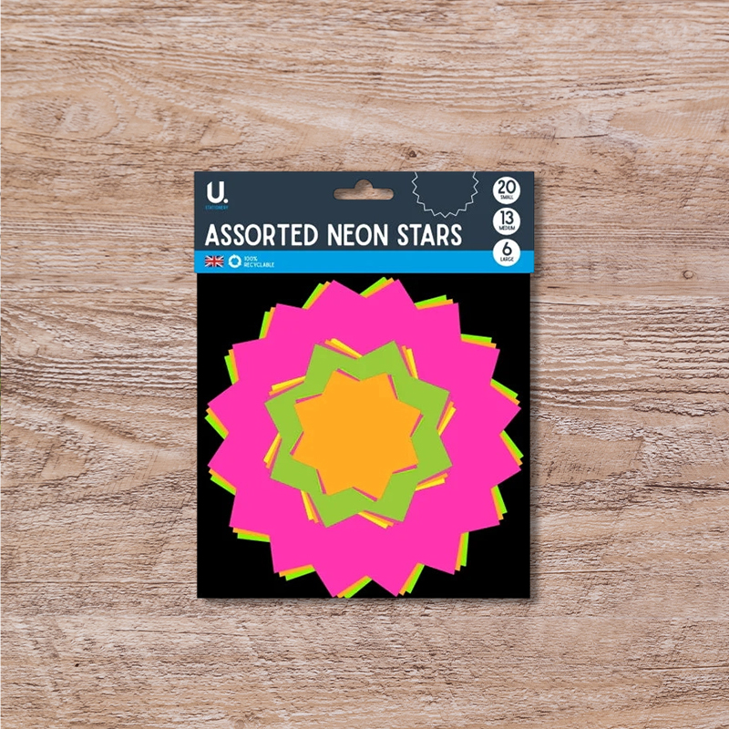 39PCS Assorted Paper Neon Coloured Stars Assorted Sizes and Colours