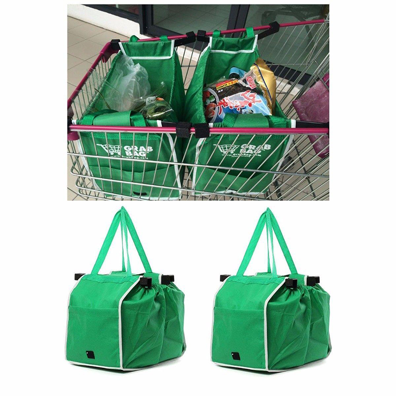 2 pcs Supermarket Shopping Bag Trolley Foldable Reusable Grocery Grab Clips Bag
