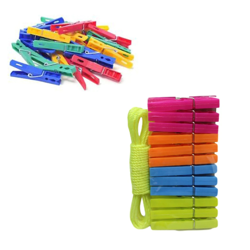 12 Pack Plastic Clothes Pegs With Rope Outdoor Washing Clothes Line Pegs
