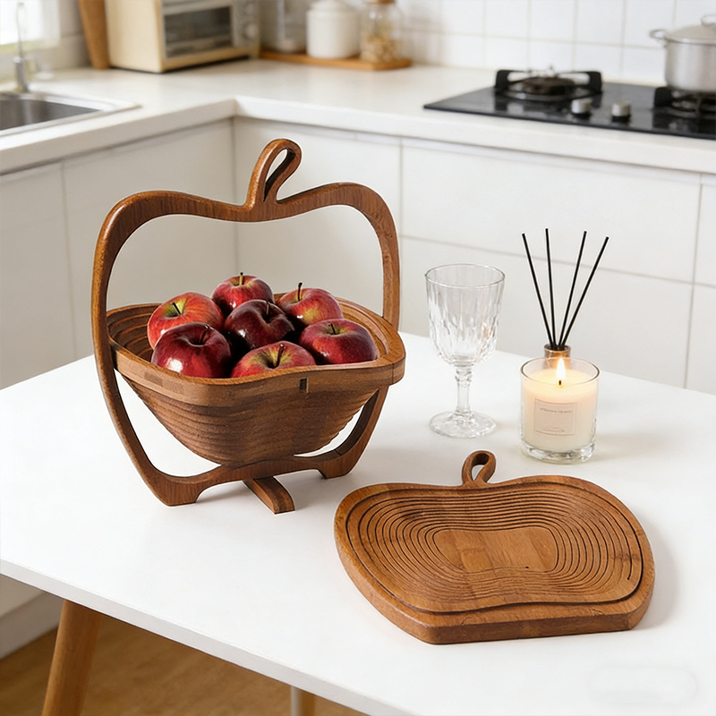Collapsible Creative Apple Shaped Fruit Bowl Multifunction Heat Resistant Bamboo Trivets Pot Mat Hot Pan Pads