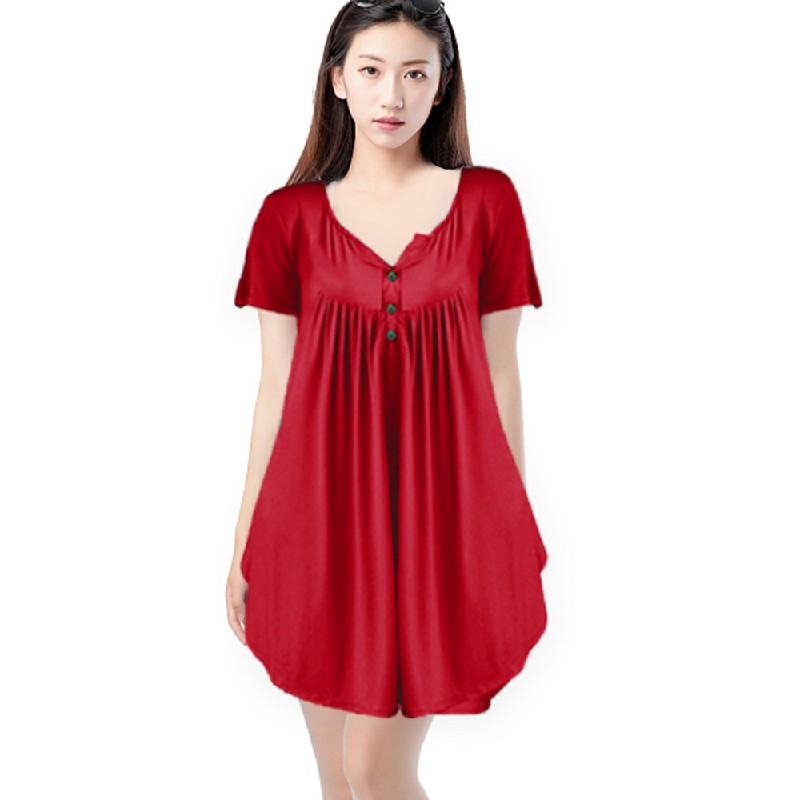 Lady Summer Tunic Tops Short Sleeve T-shirt Women Button Blouse Tee - Red 5XL