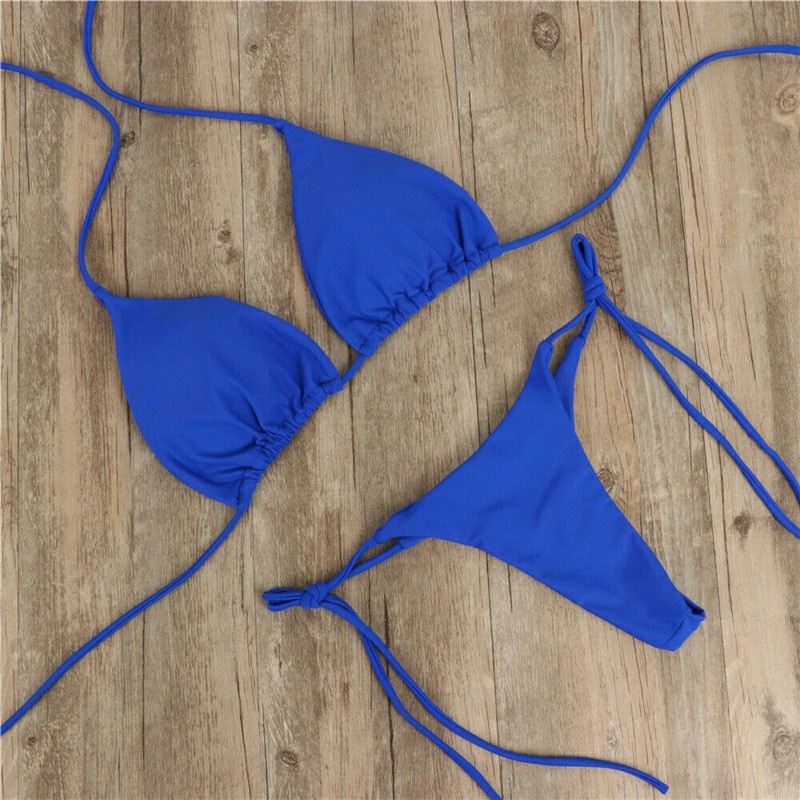 Women Halter Bikini Set Bra Top + Mini Triangle G-string Thong Swimwear Swimsuit Set - Blue