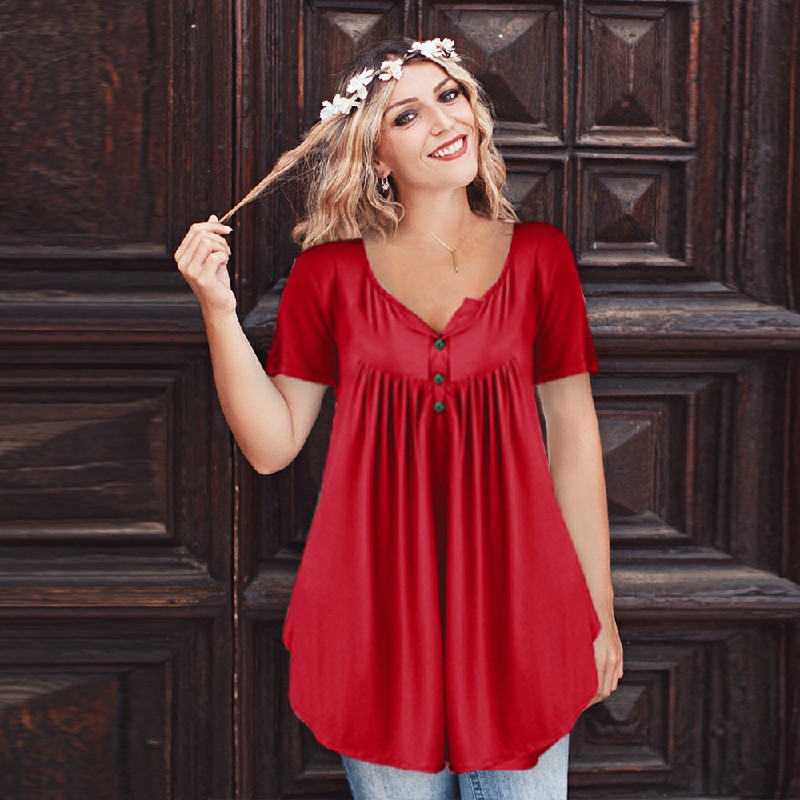 Lady Summer Tunic Tops Short Sleeve T-shirt Women Button Blouse Tee - Red 5XL
