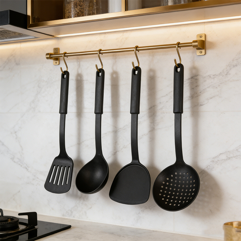 6PCS Plastic Assorted Kitchen Cooking Utensils Black 30cm