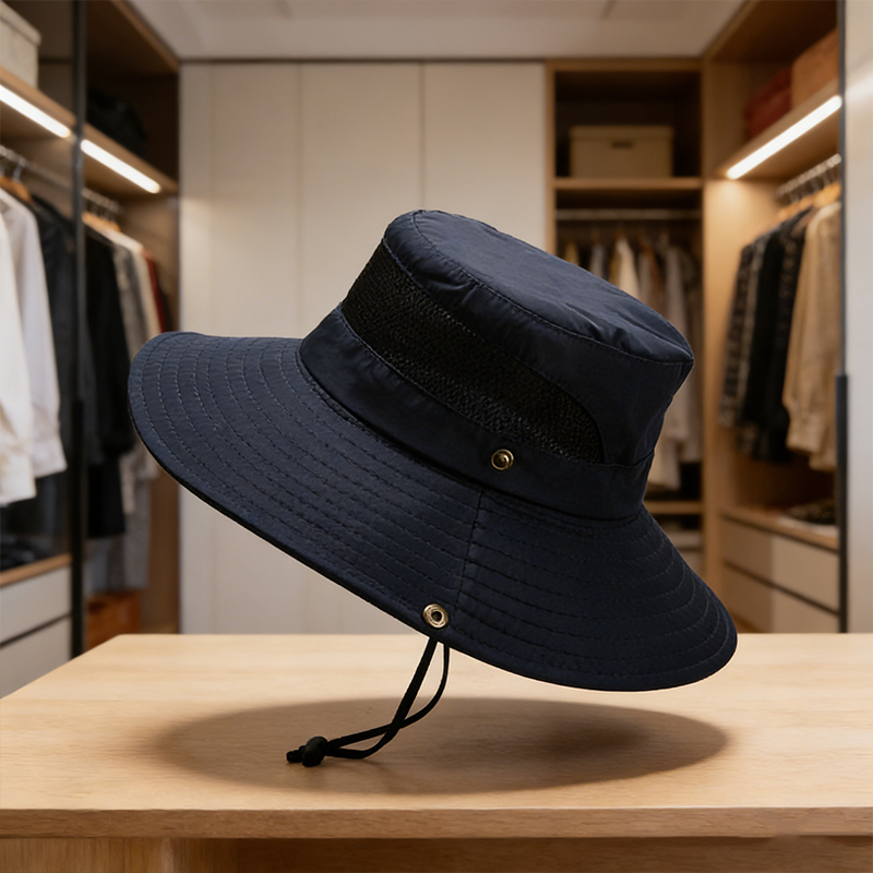 Wide Brim Summer UV Protection Sun Hat Safari Boonie Hat Foldable Fishing Hat with Adjustable Chin Strap - Navy