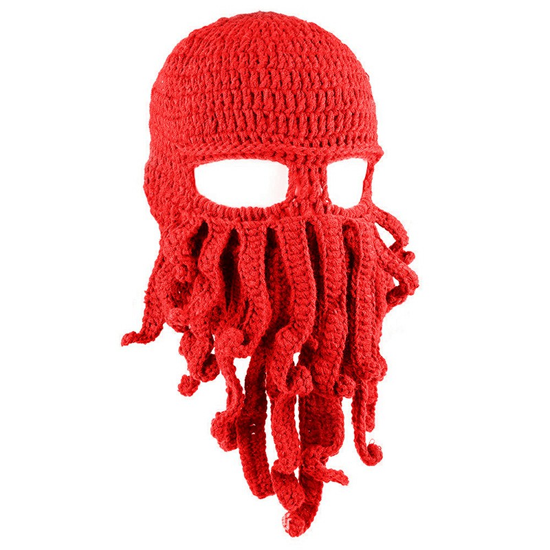 Octopus Beard Beanie Hat Warm Knit Funny Hat for Costume Party or Outdoor Activities - Red