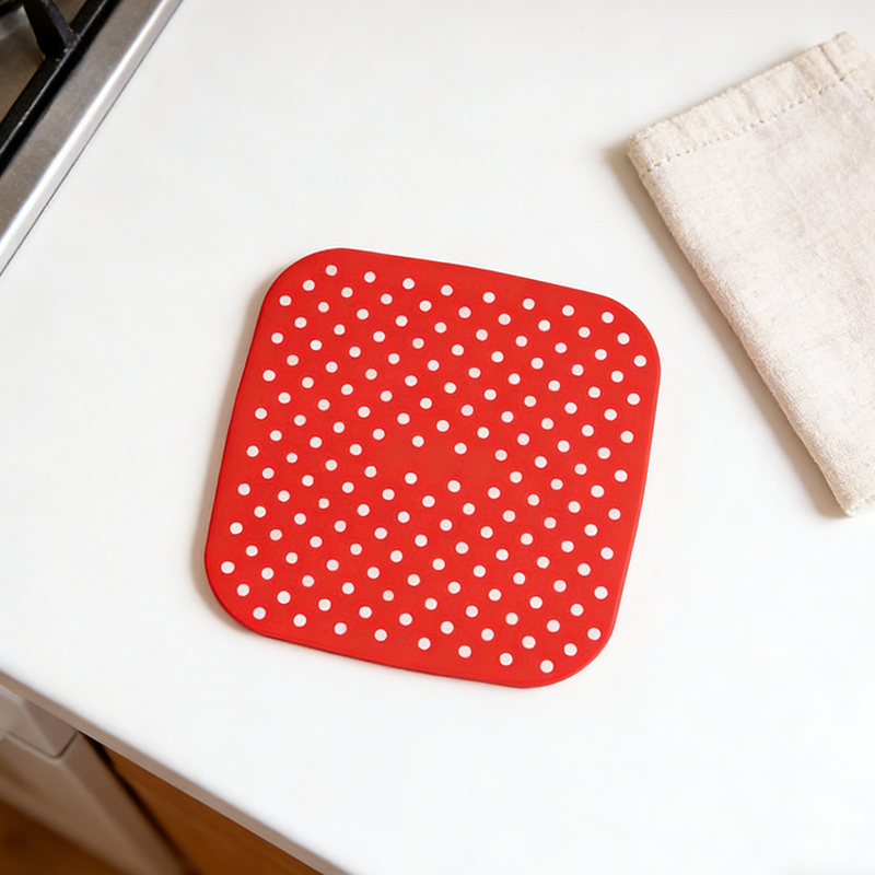 8.5 inch Reusable Air Fryer Liners Non-Stick Silicone Pad Mat Basket Square - Red
