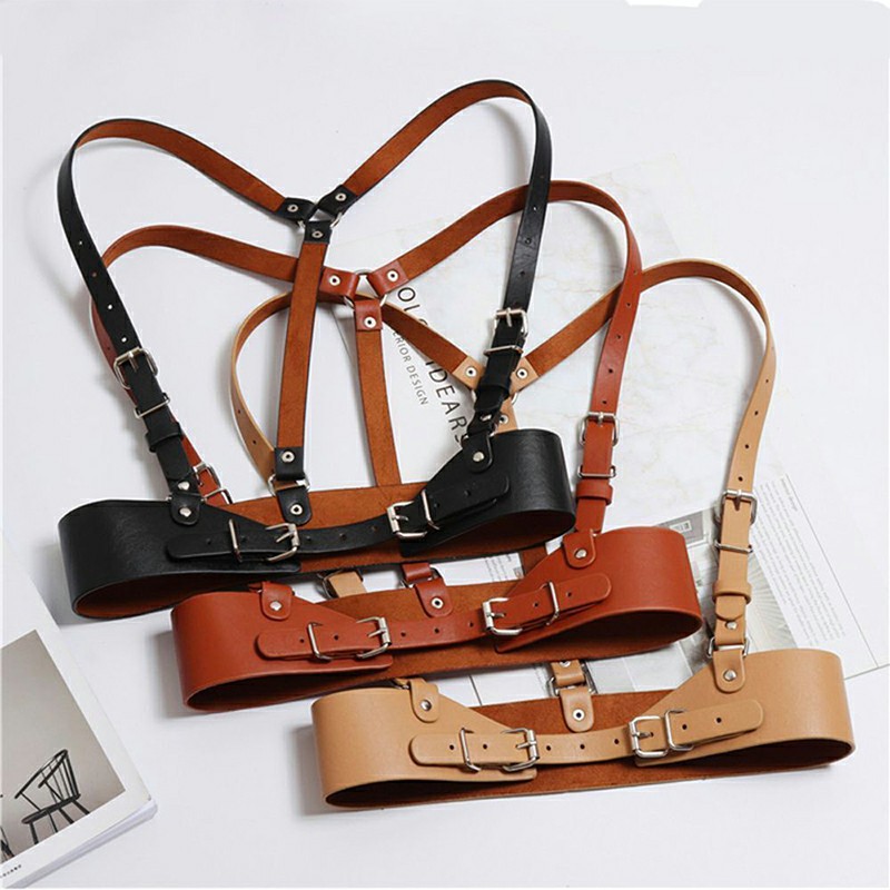 Punk Harajuku Style Waist Belt Adjustable Faux PU Leather Straps for Women Fashion Accessories - Brown