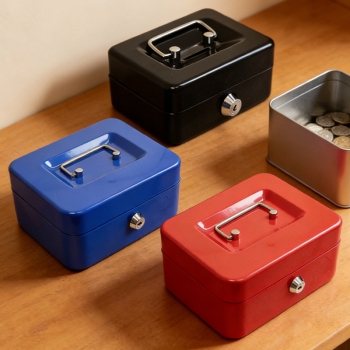 8 Inch Cash Box With 2 Keys Change Tray Lockable Metal Cash Deposit Box Random Colours
