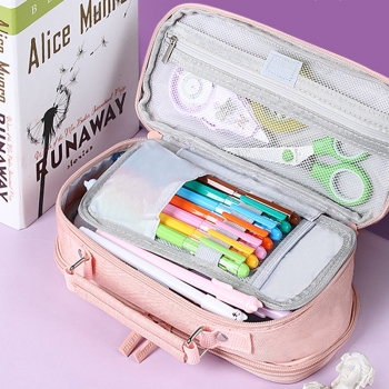Expandable Pencil Case Large Capacity Pen Case for Office College School Bags - Pink