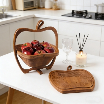 Collapsible Creative Apple Shaped Fruit Bowl Multifunction Heat Resistant Bamboo Trivets Pot Mat Hot Pan Pads