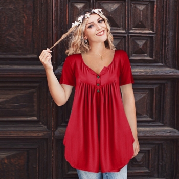 Lady Summer Tunic Tops Short Sleeve T-shirt Women Button Blouse Tee - Red 5XL