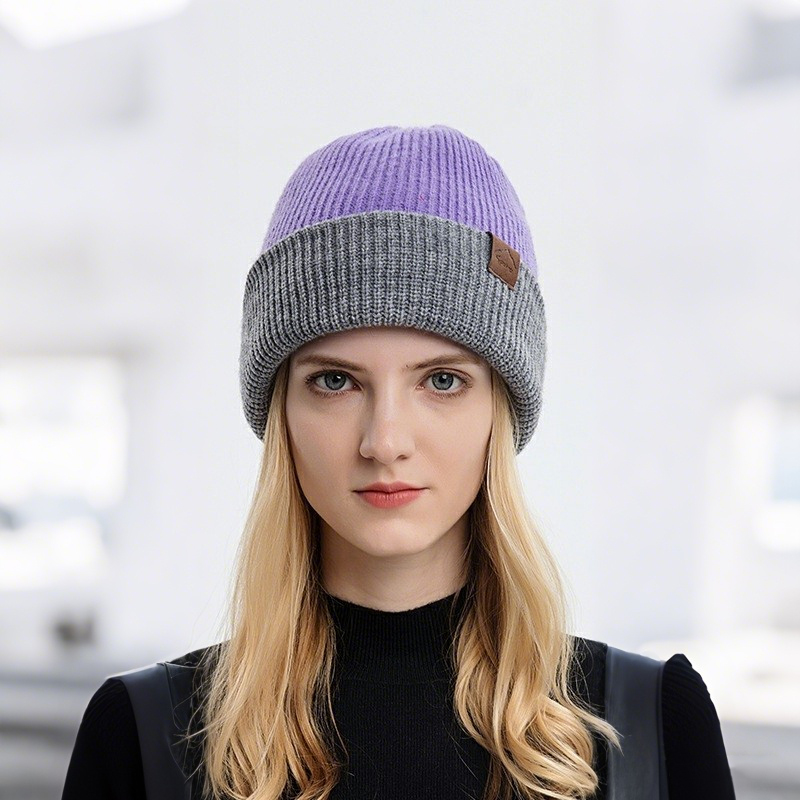 Unisex Winter Knitted Hat Crochet Thermal Beanie Cap Soft Texture Double Sided Warm Knitted Hats - Purple