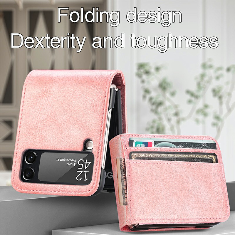 PU Leather Hybrid Hard PC Wallet Flip Case with Card Slots for Samsung Galaxy Z Flip 4 5G - Pink