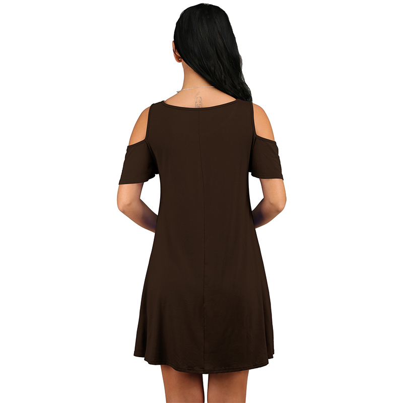 Women Summer Casual Spaghetti Strap Off Shoulder Ruffle Sleeves Shift Loose Mini Dress with Pockets - Coffee