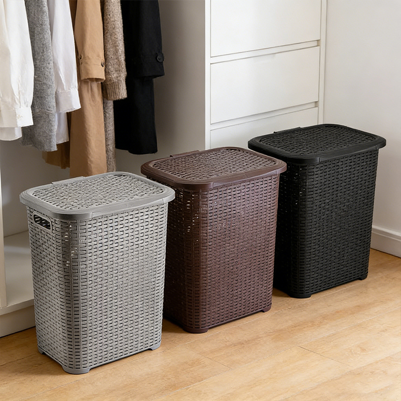 45L Plastic Rattan Laundry Basket With Lid Clothes Hampers Storage Basket Random Colours