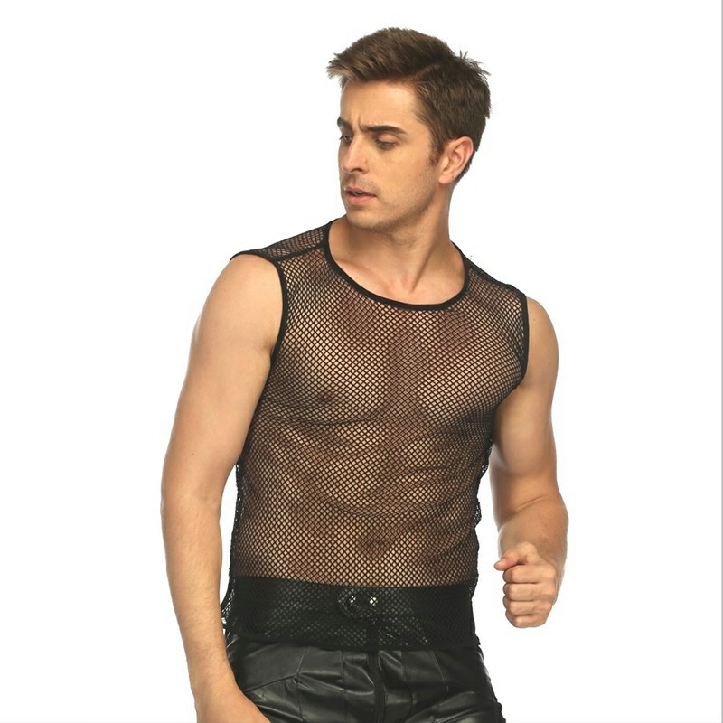 Mens Tank Top Mesh Fishnet String Vest Perspective Hollow Undershirt - XL