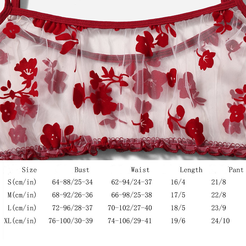 Women Underwear Bikini Two Piece Tulle Floral Print Lingerie Wine Red - S