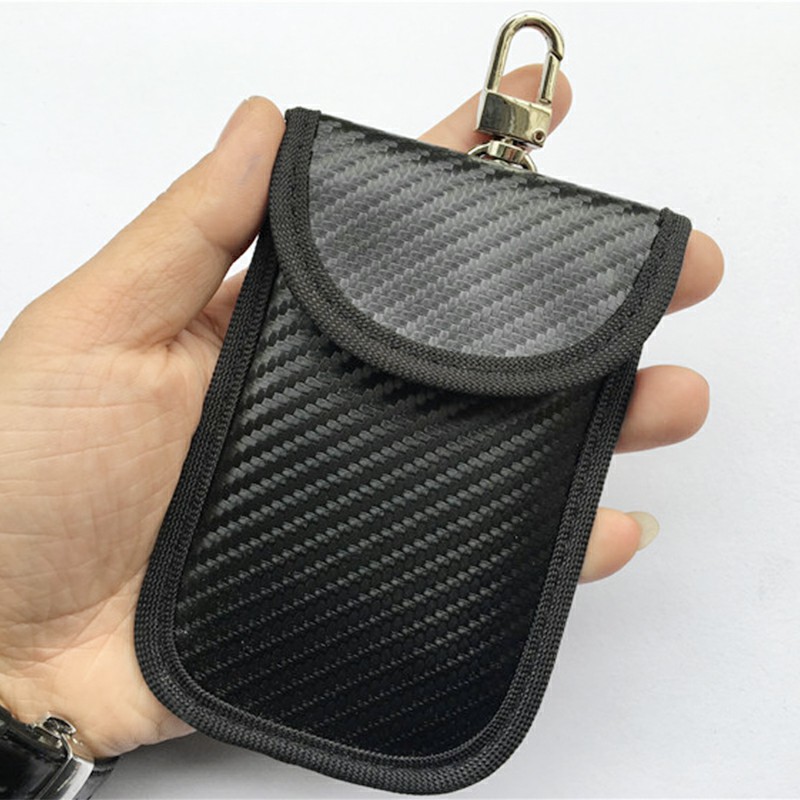 Carbon Fiber Car Remote Key Signal Blocker Case Fob Pouch eyless RFID Shielding Pouch with Key Ring
