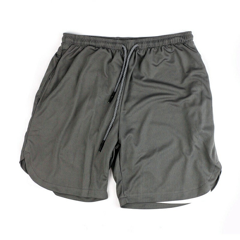 Double Layer Running Training Shorts Fitness Bottoms with Pockets - Grey XL
