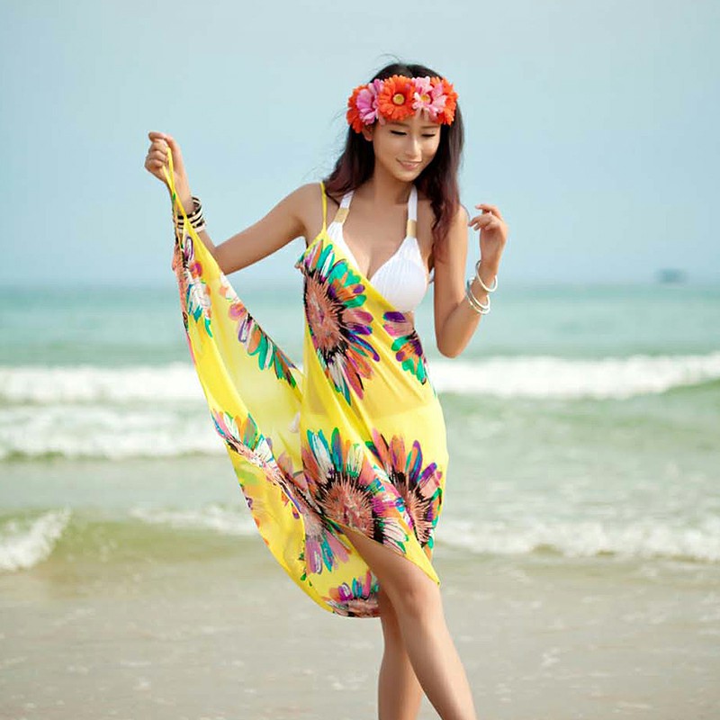Women Bikini Cover Up Scarf Dress Swimsuit Sling Beach Chiffon Print Blouse - Yellow