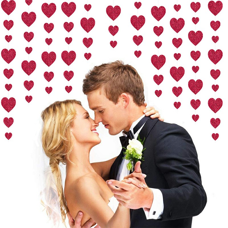 4M Red Love Heart Garland Hanging Double Sided Glitter Metallic Paper Streamer Banner - Single Love