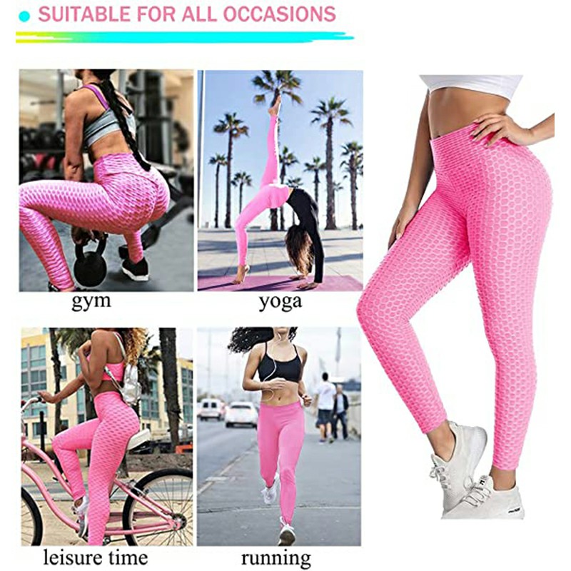 High Waist Gym Honeycomb Trousers Yoga Pants Push Up Leggings - Pink S