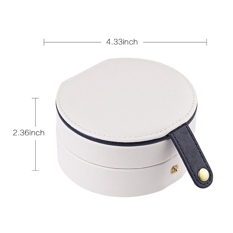 Round Jewelry Boxes Portable PU Leather Case 2 Layers Storage Organizer for Travel Home - White