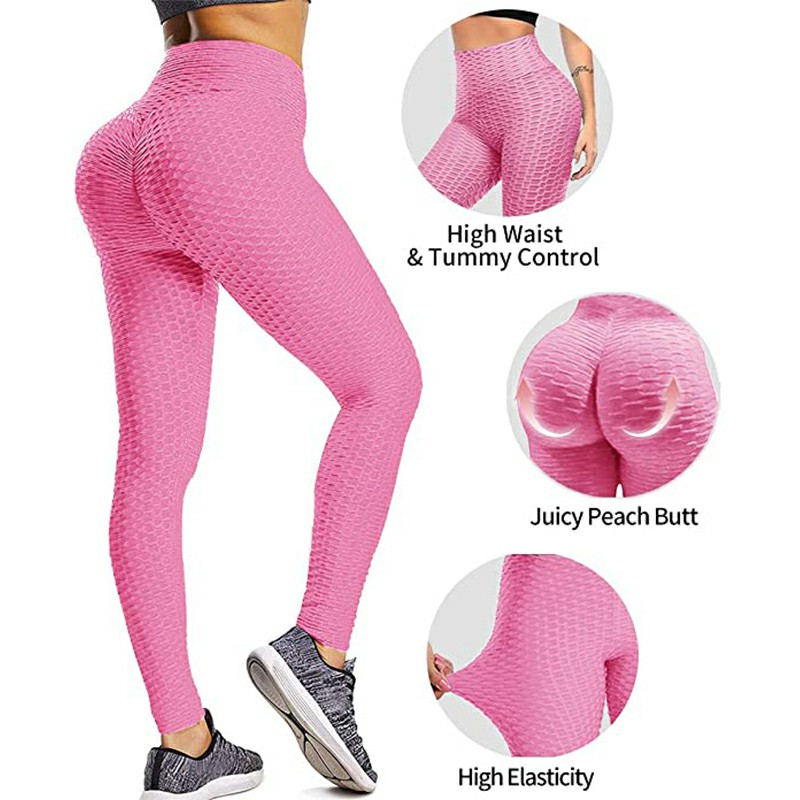 High Waist Gym Honeycomb Trousers Yoga Pants Push Up Leggings - Pink S