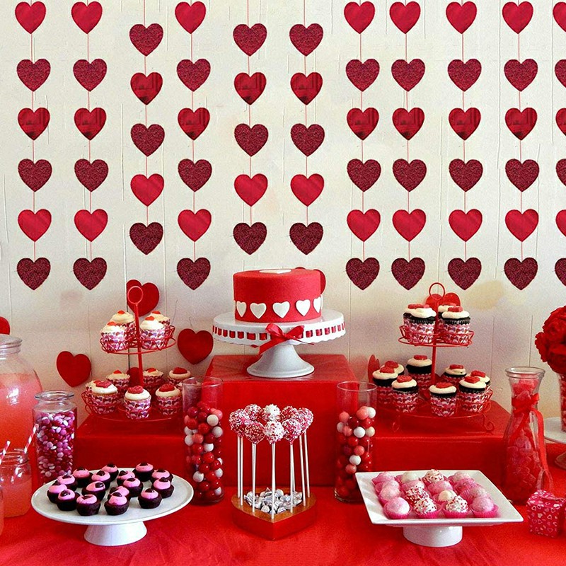 4M Red Love Heart Garland Hanging Double Sided Glitter Metallic Paper Streamer Banner - Single Love