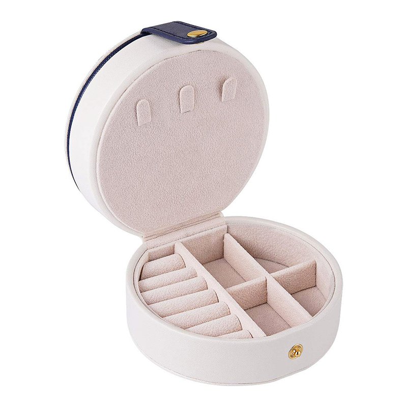 Round Jewelry Boxes Portable PU Leather Case 2 Layers Storage Organizer for Travel Home - White