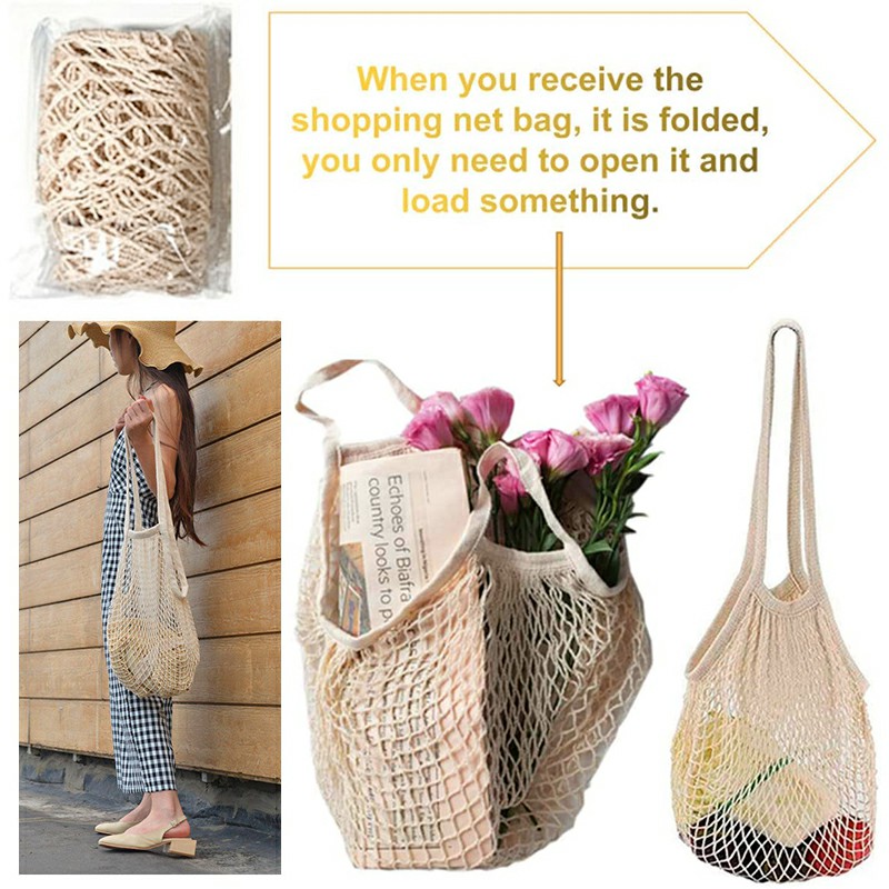 Mesh Net Bag String Shopping Bag Reusable Fruit Vegetables Storage Handbag - Beige