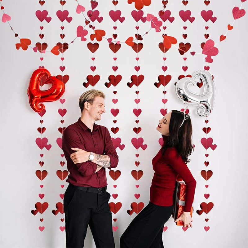 4M Red Love Heart Garland Hanging Double Sided Glitter Metallic Paper Streamer Banner - Double Love