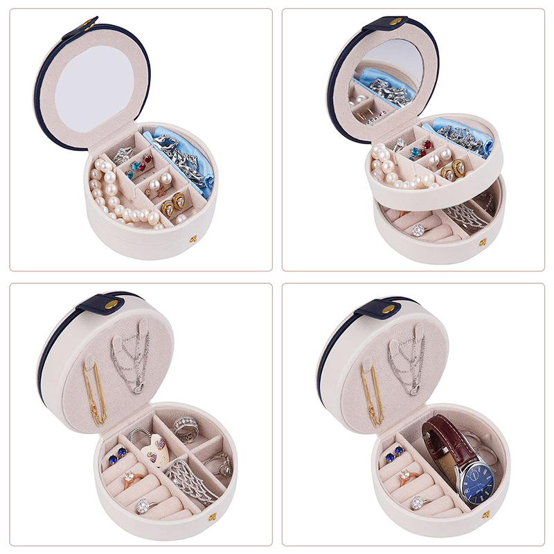 Round Jewelry Boxes Portable PU Leather Case 2 Layers Storage Organizer for Travel Home - White