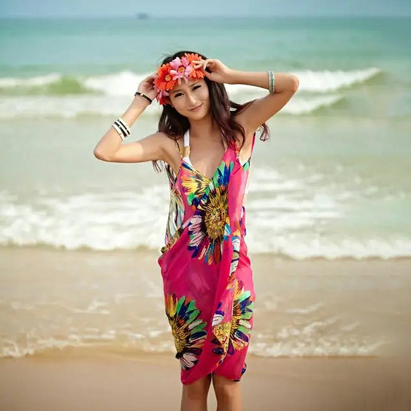 Women Bikini Cover Up Scarf Dress Swimsuit Sling Beach Chiffon Print Blouse - Hot Pink