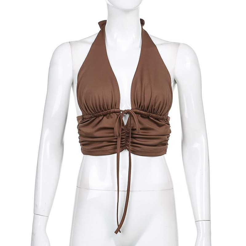 Lady Cut Out Vest Halter Wrap Fitted Crop Top Solid Cami Tank Tops - Coffee M