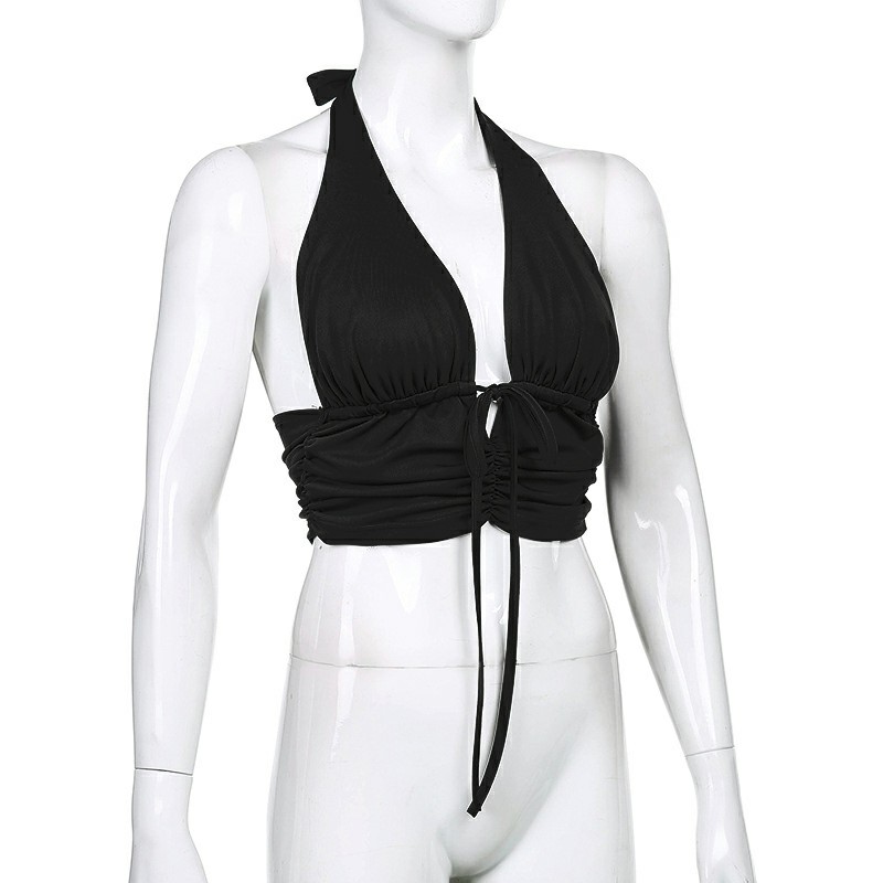 Lady Cut Out Vest Halter Wrap Fitted Crop Top Solid Cami Tank Tops - Black L