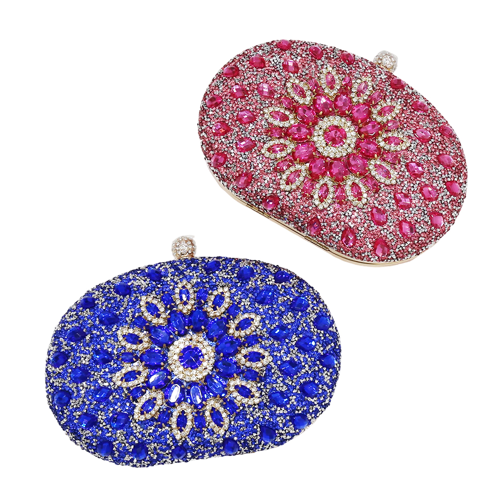 Blue Rhinestone Clutch Purses for Kids Girls Women Round Clasp Handbag Crystal Diamond Bag