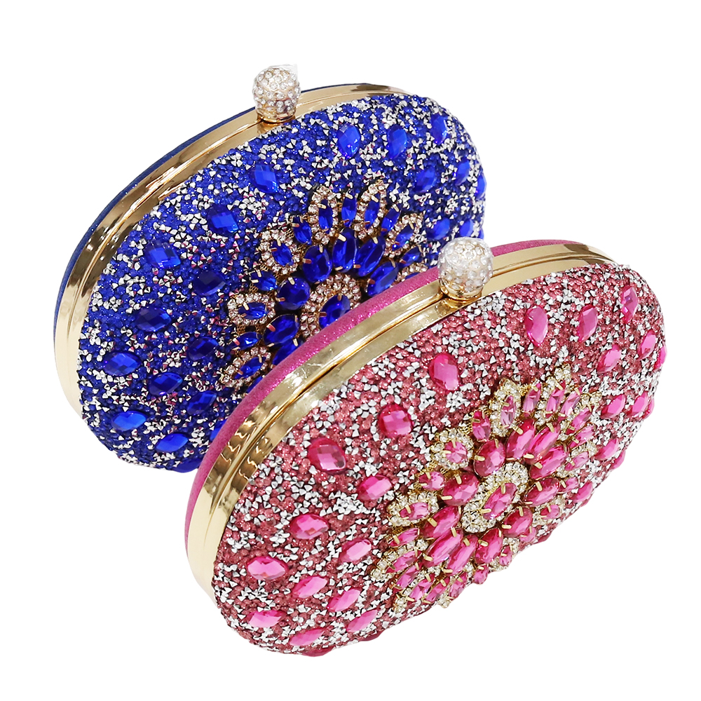 Blue Rhinestone Clutch Purses for Kids Girls Women Round Clasp Handbag Crystal Diamond Bag