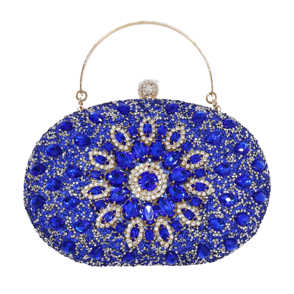 Blue Rhinestone Clutch Purses for Kids Girls Women Round Clasp Handbag Crystal Diamond Bag
