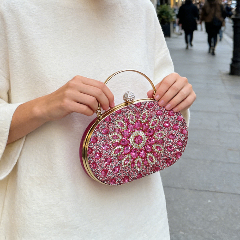 Rose Red Rhinestone Clutch Purses for Kids Girls Women Round Clasp Handbag Crystal Diamond Bag