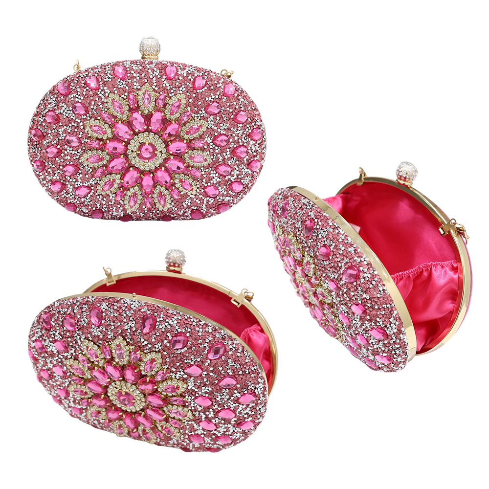 Rose Red Rhinestone Clutch Purses for Kids Girls Women Round Clasp Handbag Crystal Diamond Bag