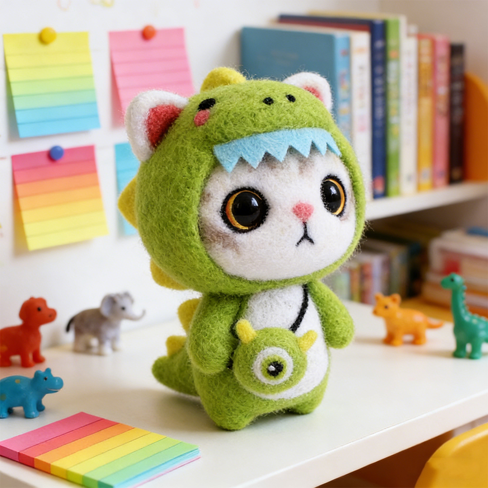 Needle Felting Starter Kit Green Cat Animals Needle Felting Set DIY Wool Felt Materials Set