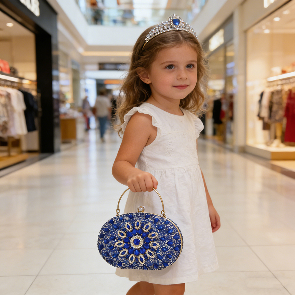 Blue Rhinestone Clutch Purses for Kids Girls Women Round Clasp Handbag Crystal Diamond Bag